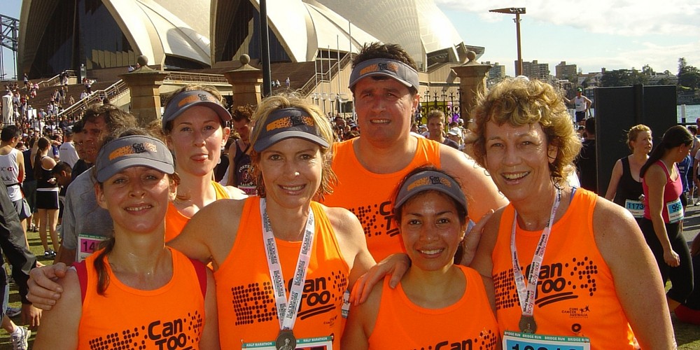 Can Too founder & chair, Annie Crawford AM, with Can too finishers at Blackmores Sydney Running Festival 2005